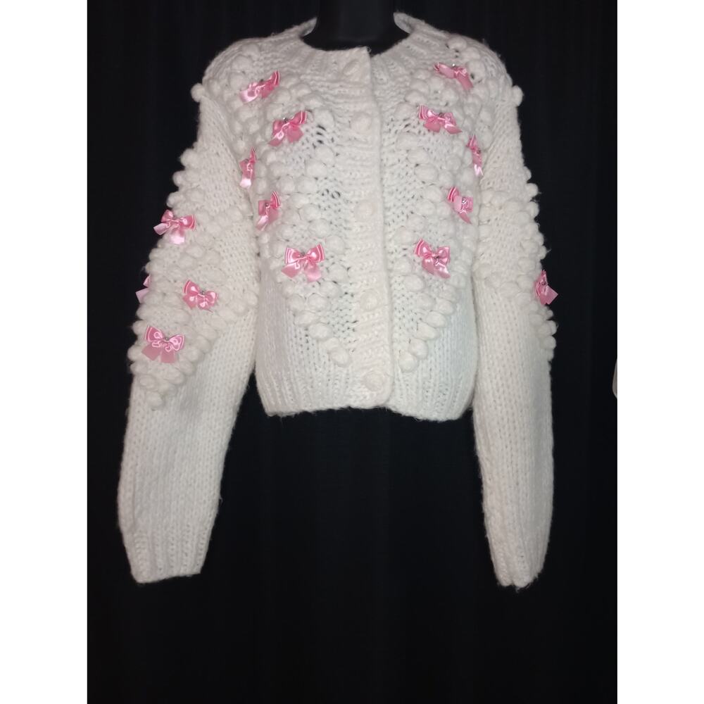 Sugar Thrillz Cream Knit Cardigan with Pink Ribbon Bows